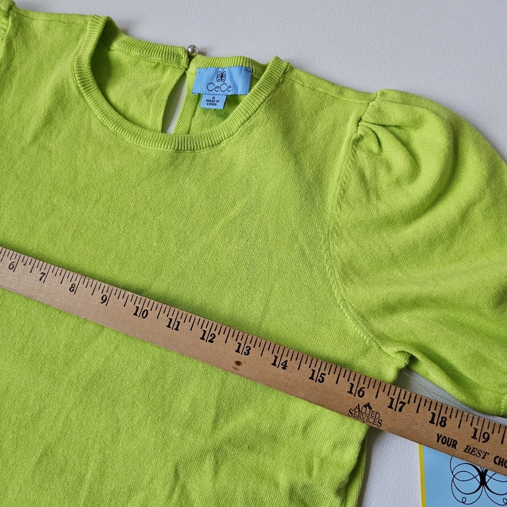 NWT CeCe Puff Sleeve Cotton Crewneck Sweater in Sugar Lime Size Small - Picture 13 of 15